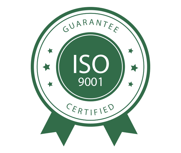 Green ribbon saying Guarantee ISO 9001 Certified